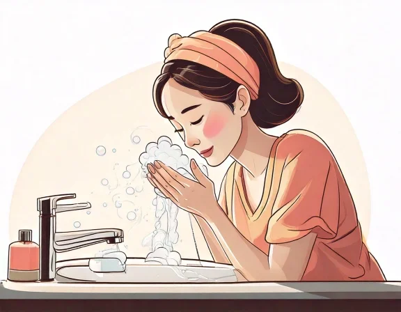 夜に石けんの泡で洗顔する女性のイラスト