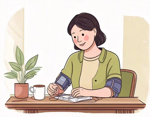 自宅で血圧を測ってノートに記録する40代女性のイラスト