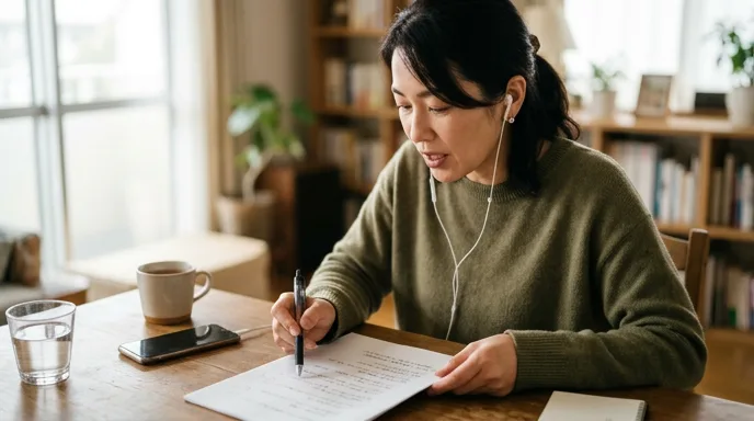 スクリプトを指さしながら声に出して練習する女性