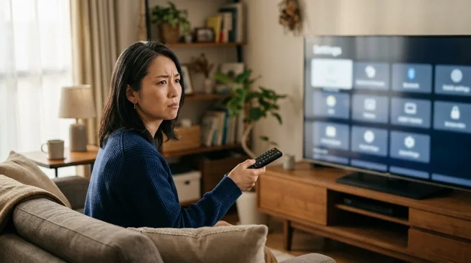 テレビの設定画面を見ながらリモコンを持つ女性