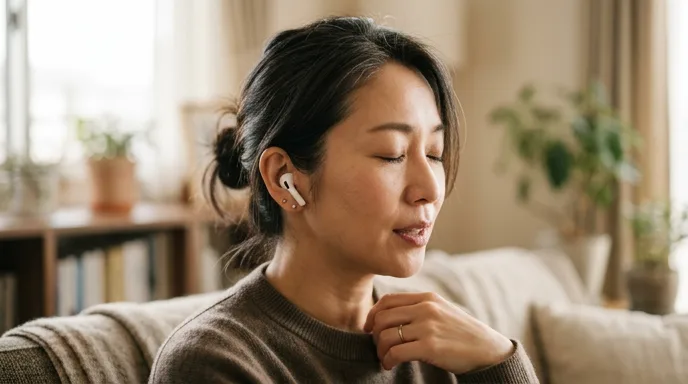 目を閉じて英語を聞きながら声に出す女性
