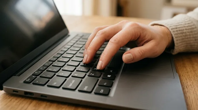 ノートパソコンのキーボードに置いた指