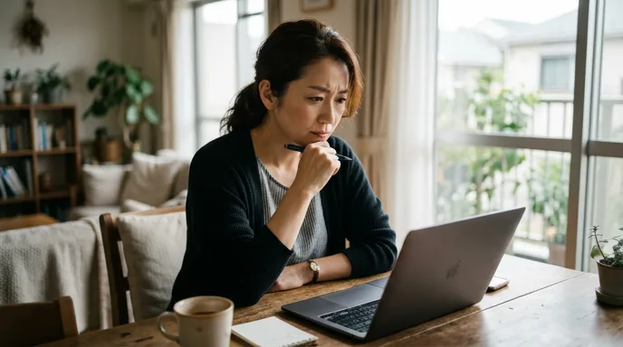 申し込み前に画面をよく読む女性
