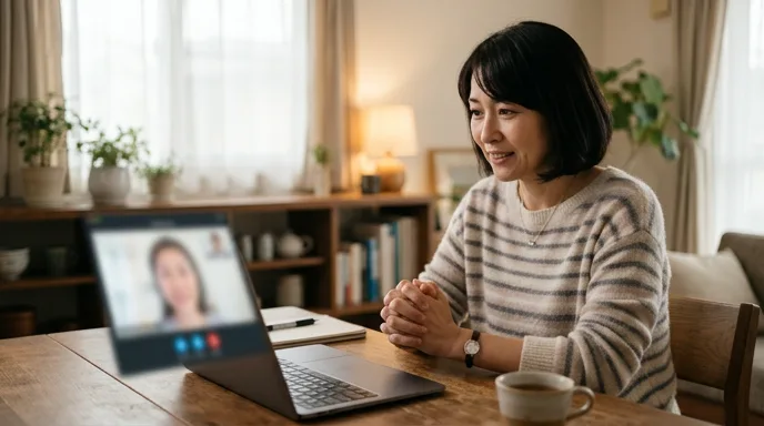 初めてのオンラインレッスン前に少し緊張する女性