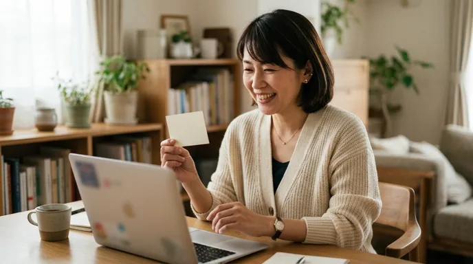 笑顔でオンラインレッスンを受ける女性