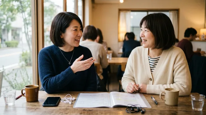 2人でシャドーイングを練習する女性