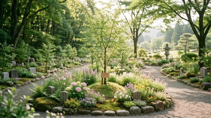 花と若い木が植えられた、明るい樹木葬の区画