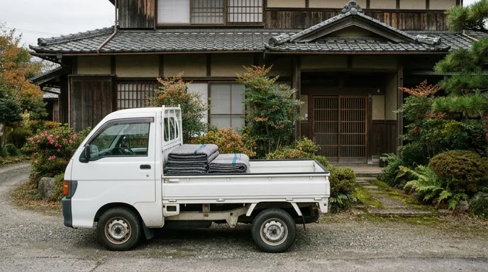 整理された段ボールと片付け道具が置かれた実家の廊下