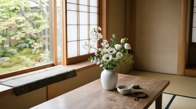 白い花が手向けられた、やさしい光の差す納骨の場