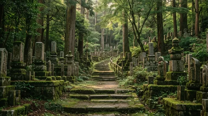 木漏れ日の差す静かな墓地の小道