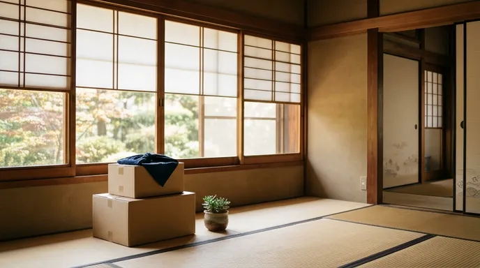 片付けの段ボールが置かれた、やわらかな光の差す和室
