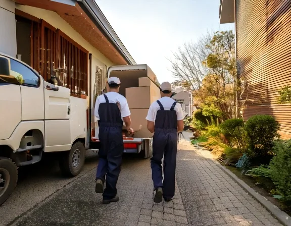 実家から荷物を運び出す片付け業者の作業員