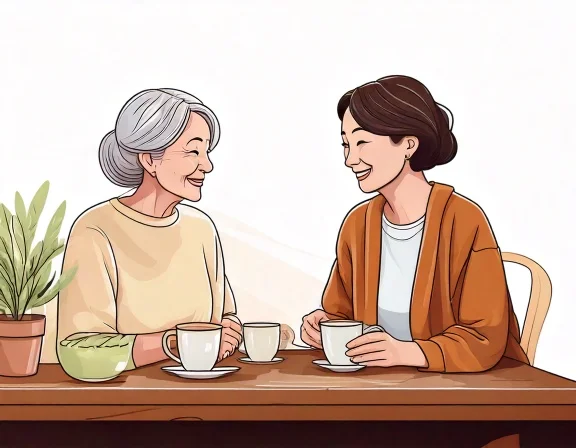 40代の娘と高齢の母がお茶を飲みながら話すイラスト