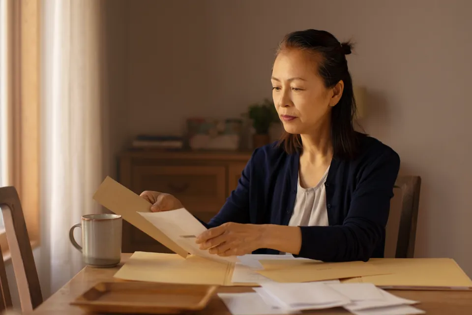 自宅のテーブルで書類を封筒から出して整理する40代女性