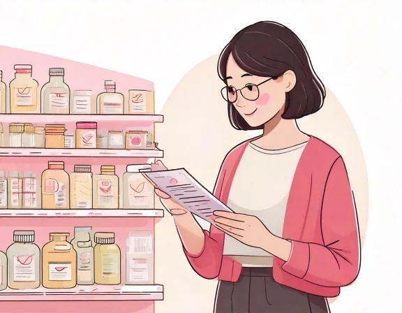 ドラッグストアで化粧水の裏の表示を確かめる40代女性のイラスト